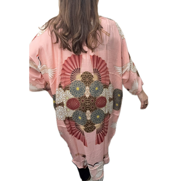 Long Kimono - Japanese Fans on Peach - MODAL - 20% OFF! Namaskar