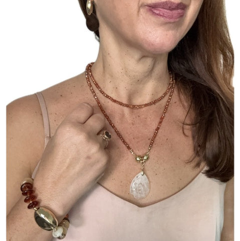 Set 2 - Long Strand Orange Copper + White Agate Teardrop Pendant + Mosaic Beaded Stretch Bracelet + Tortoise Shell Earrings