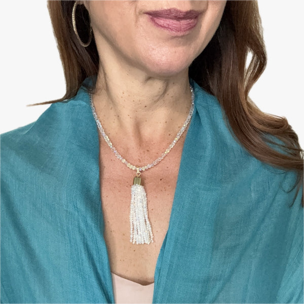 AB Tassel + Chrysalini Hoop Earrings with Teal Bamboo Scarf