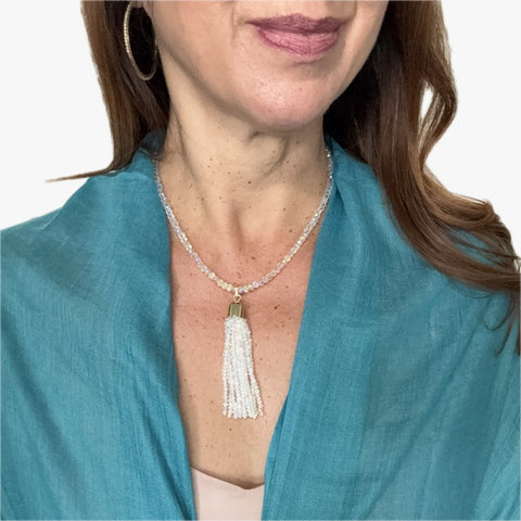 Set 8 - Teal Bamboo Scarf with AB Tassel + Chrysalini Hoop Earrings