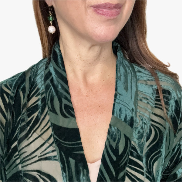 Pave Sphere Earrings with emerald + Emerald Velvet Kimono