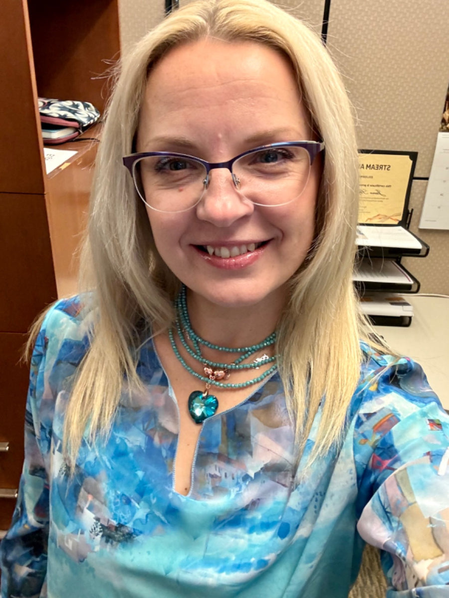 Jane S. wearing the 10 Way Necklace in Turquoise Crystal